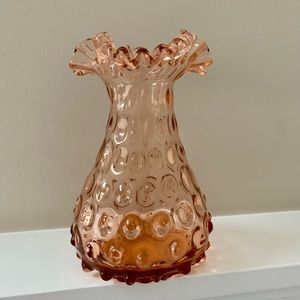 Vintage Pink Glass Hobnail Vase with Ruffled Edge Trim 6”